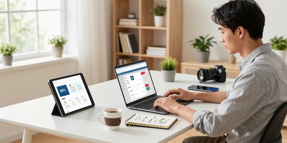 WPS Download process in a modern home office with tech gadgets and a professional atmosphere.