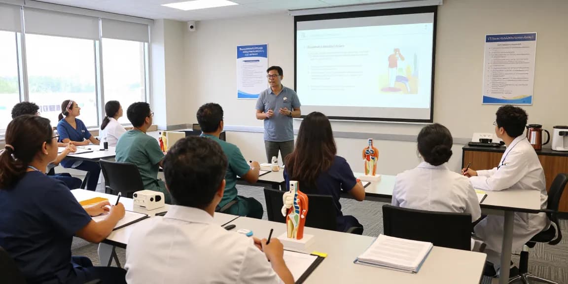 Group of learners engaged in hands-on medical training workshop with instructor guiding.