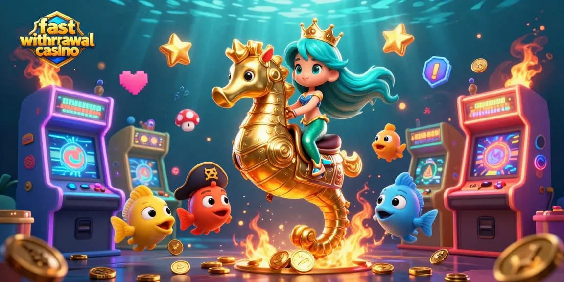 Experience a fast withdrawal casino adventure with a mermaid princess amid colorful gaming elements.