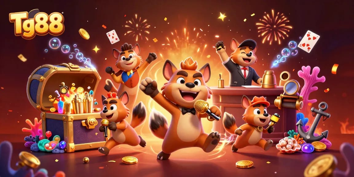 Tg88 showcases a lively casino atmosphere with hyena characters in a comedy club, mixing drinks, and checking IDs while surrounded by treasure and festive elements.