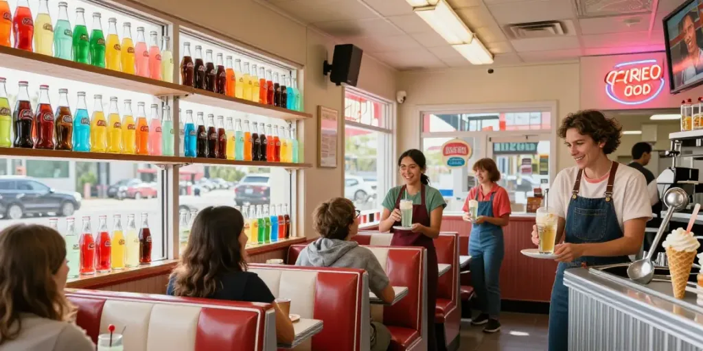 Refreshing cream soda floats served in a nostalgic soda shop atmosphere.