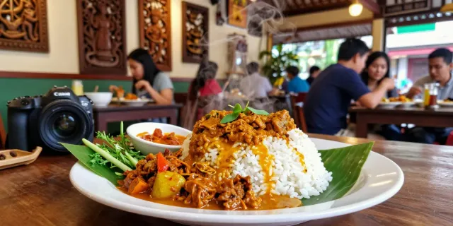 Nasi Kandar dish at Rokok88, showcasing vibrant curries and inviting dining atmosphere.