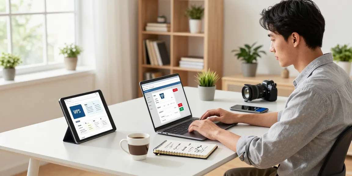 WPS Download process in a modern home office with tech gadgets and a professional atmosphere.