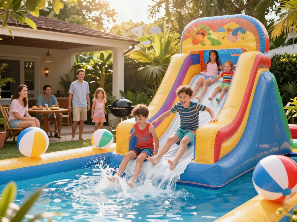 Kids having fun on a water slide inflatable at a sunny backyard party.