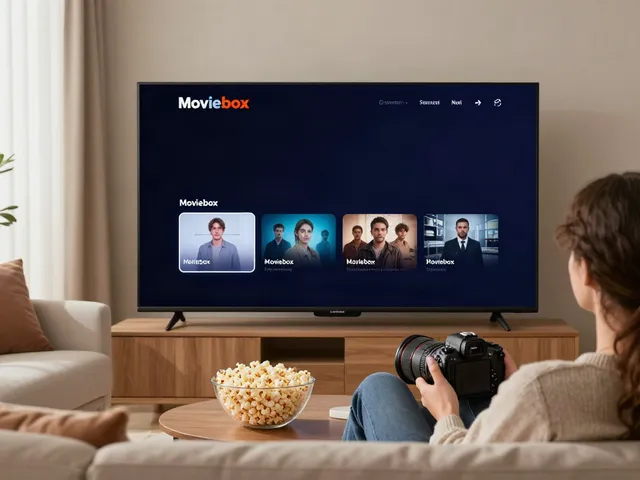 A person using www.movieboxappdownload.com.co to stream movies in a cozy living room.