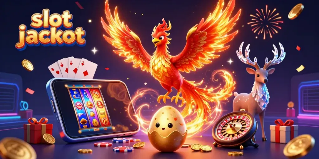 Experience excitement with slot jackpot illustrations, featuring a phoenix and a smartphone, celebrating wins.