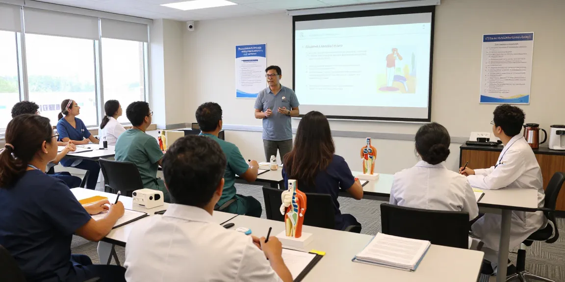 Group of learners engaged in hands-on medical training workshop with instructor guiding.