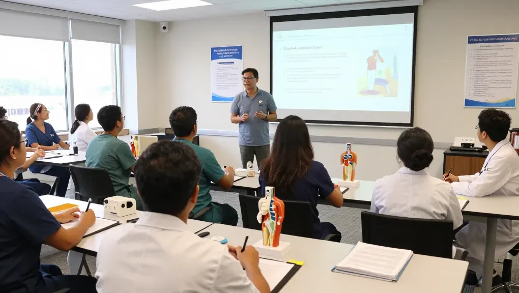 Group of learners engaged in hands-on medical training workshop with instructor guiding.