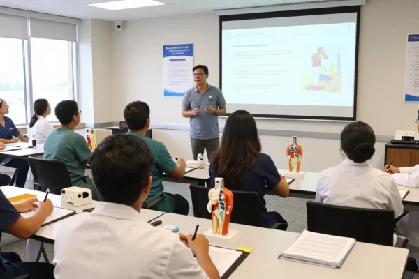 Group of learners engaged in hands-on medical training workshop with instructor guiding.