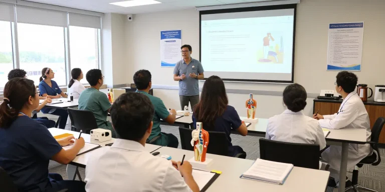 Group of learners engaged in hands-on medical training workshop with instructor guiding.